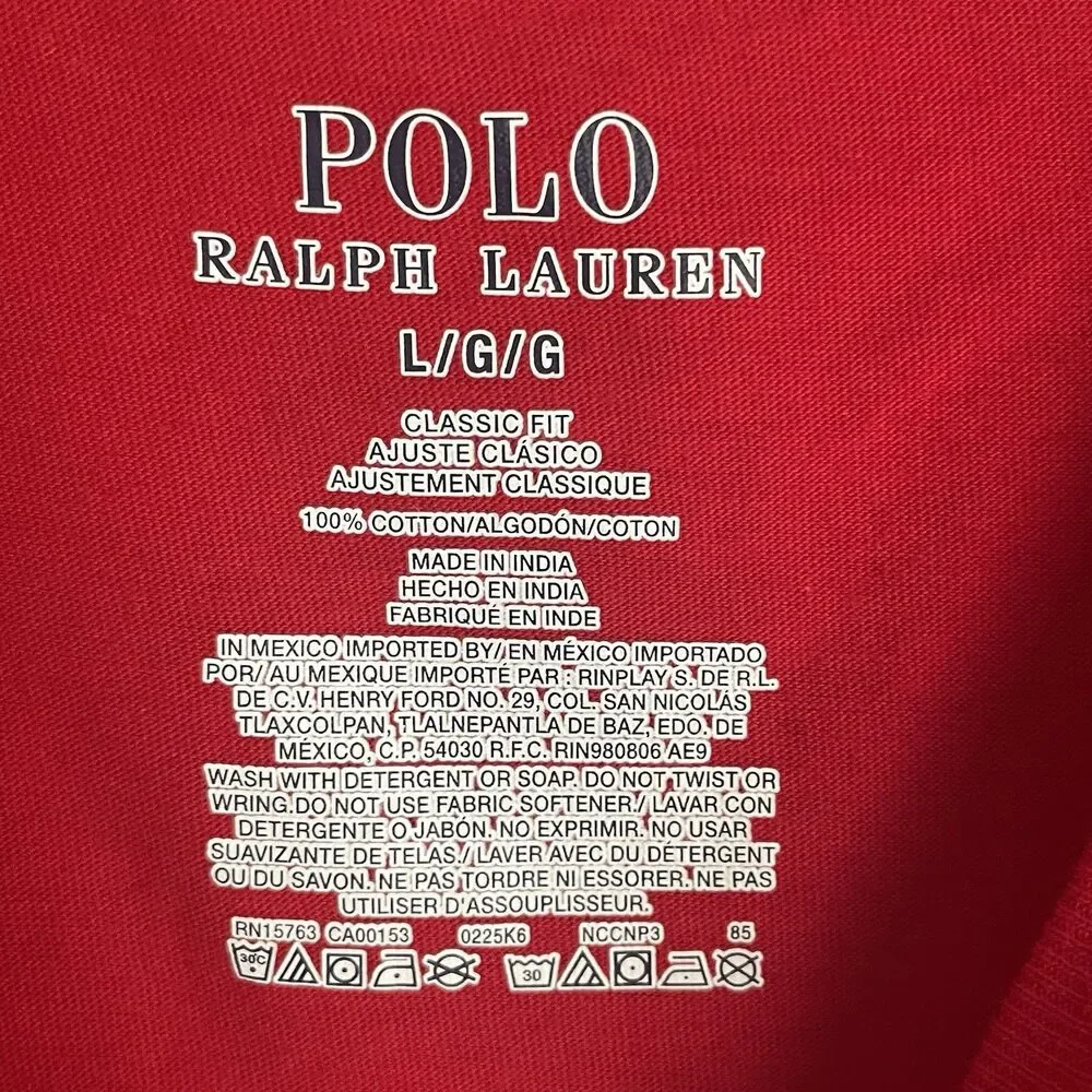 Polo Ralph Lauren Shirt Mens Size L Red w/Blue Pony Cotton Crew Tee Preppy